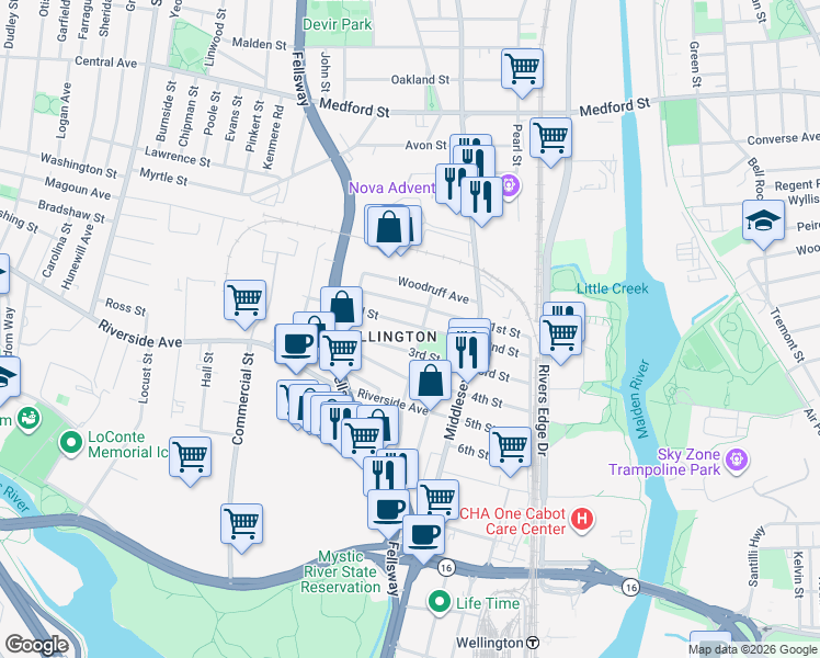 map of restaurants, bars, coffee shops, grocery stores, and more near 83 3rd Street in Medford