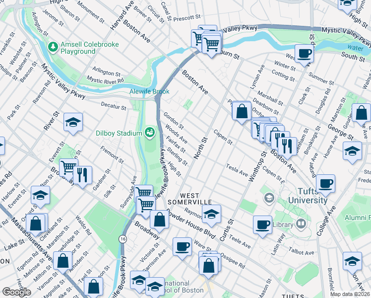 map of restaurants, bars, coffee shops, grocery stores, and more near 15 Fairfax Street in Somerville