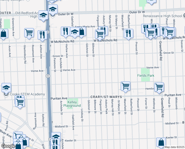 map of restaurants, bars, coffee shops, grocery stores, and more near 16577 Biltmore Street in Detroit