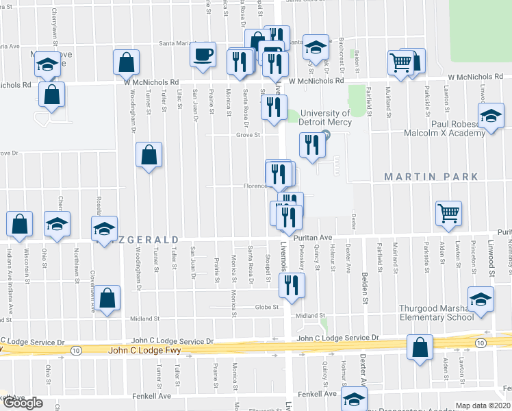 map of restaurants, bars, coffee shops, grocery stores, and more near 16206 Santa Rosa Drive in Detroit