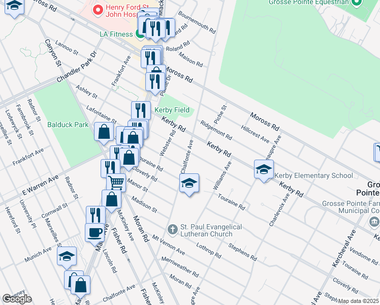 map of restaurants, bars, coffee shops, grocery stores, and more near Belanger Avenue in Grosse Pointe Farms