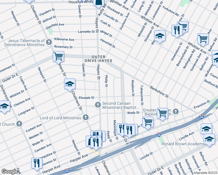 map of restaurants, bars, coffee shops, grocery stores, and more near 9740 Philip Street in Detroit