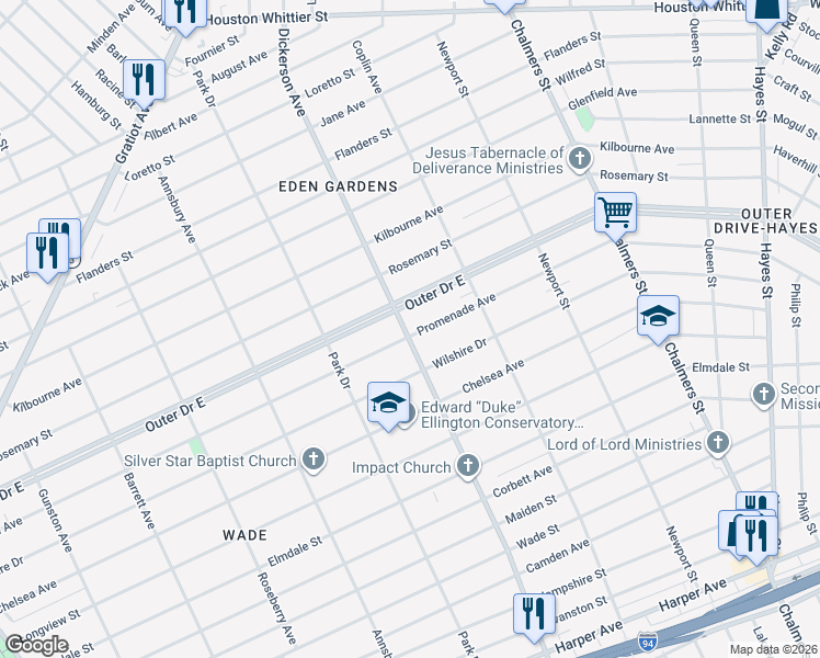 map of restaurants, bars, coffee shops, grocery stores, and more near 13000 Promenade Avenue in Detroit