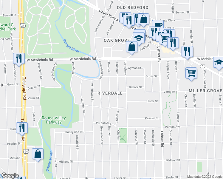 map of restaurants, bars, coffee shops, grocery stores, and more near 16712 Bramell in Detroit