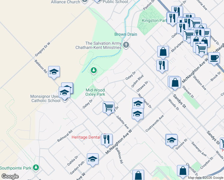 map of restaurants, bars, coffee shops, grocery stores, and more near 25 Spring Place in Chatham-Kent