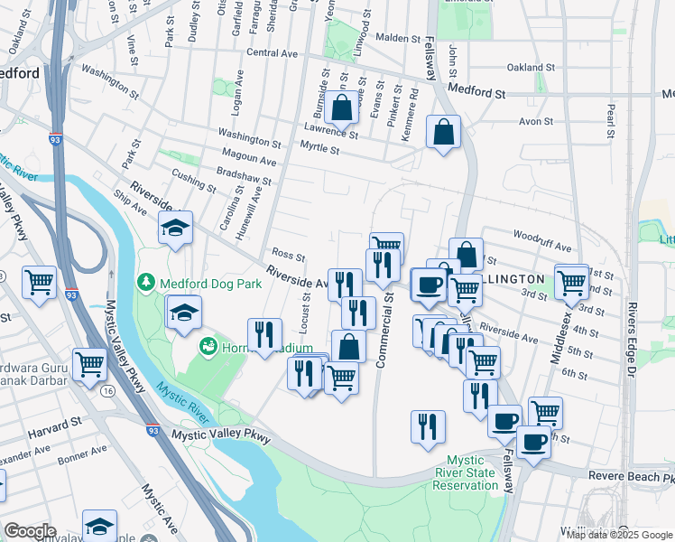 map of restaurants, bars, coffee shops, grocery stores, and more near 28 Sycamore Avenue in Medford