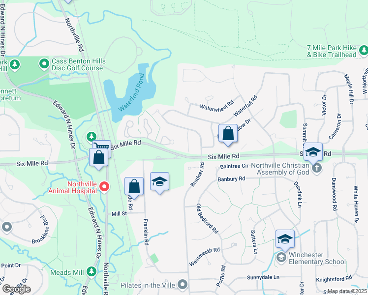 map of restaurants, bars, coffee shops, grocery stores, and more near 42518 Waterford Road in Northville