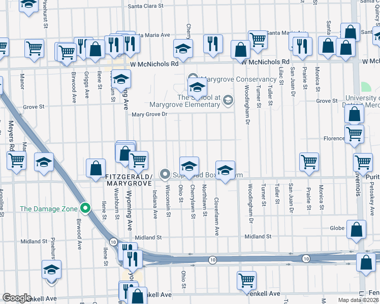 map of restaurants, bars, coffee shops, grocery stores, and more near 16219 Cherrylawn Street in Detroit
