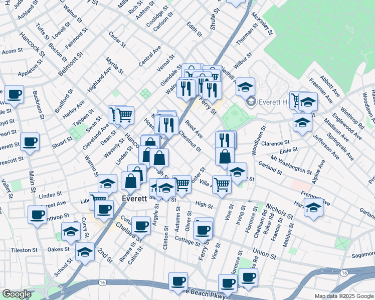 map of restaurants, bars, coffee shops, grocery stores, and more near 50 Lexington Street in Everett