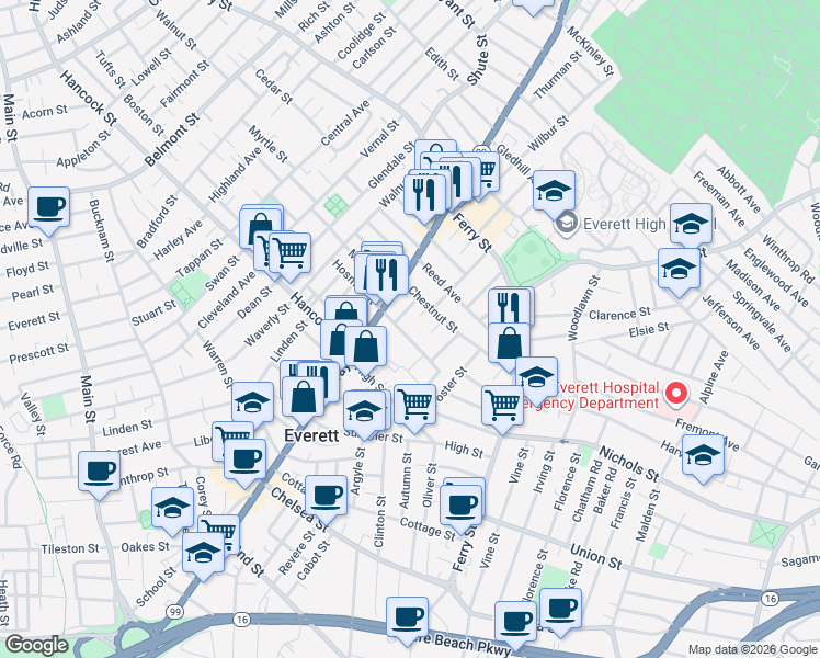 map of restaurants, bars, coffee shops, grocery stores, and more near 587 Broadway in Everett