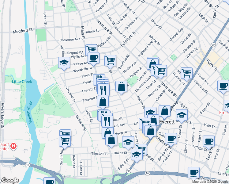 map of restaurants, bars, coffee shops, grocery stores, and more near 24 Beacon Street in Everett
