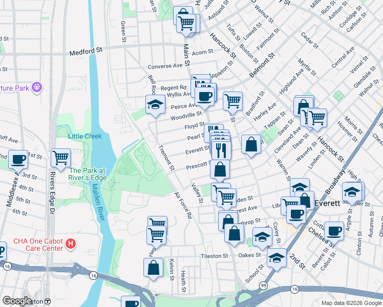 map of restaurants, bars, coffee shops, grocery stores, and more near 57 Prescott Street in Everett