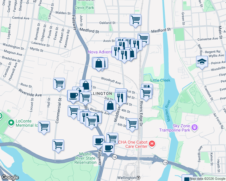 map of restaurants, bars, coffee shops, grocery stores, and more near 59 2nd Street in Medford