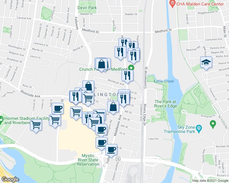 map of restaurants, bars, coffee shops, grocery stores, and more near 59 2nd Street in Medford