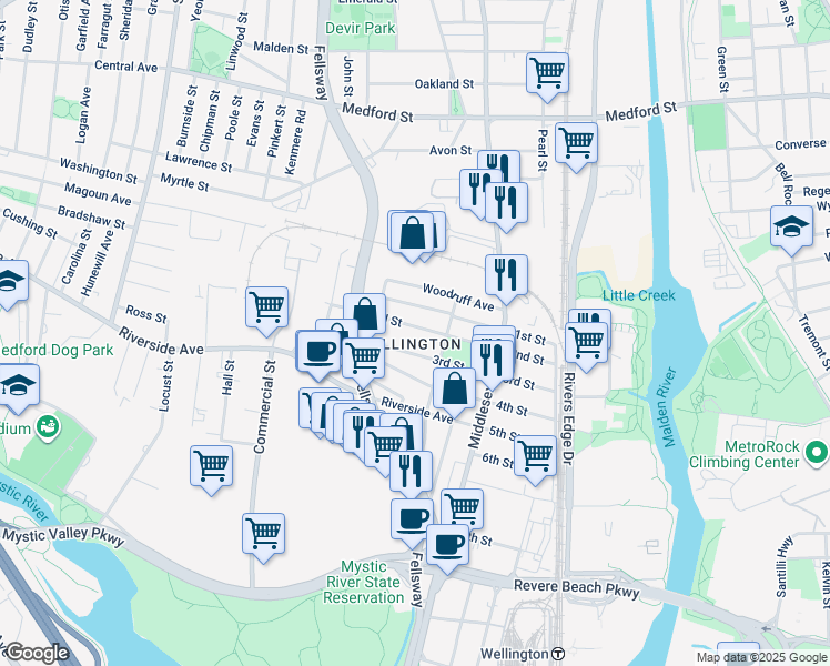 map of restaurants, bars, coffee shops, grocery stores, and more near 83 3rd Street in Medford