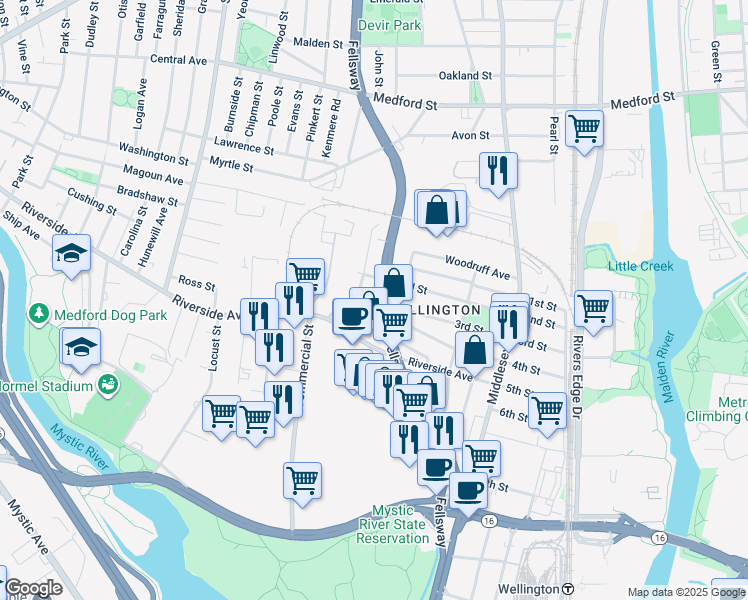 map of restaurants, bars, coffee shops, grocery stores, and more near 818 Fellsway in Medford