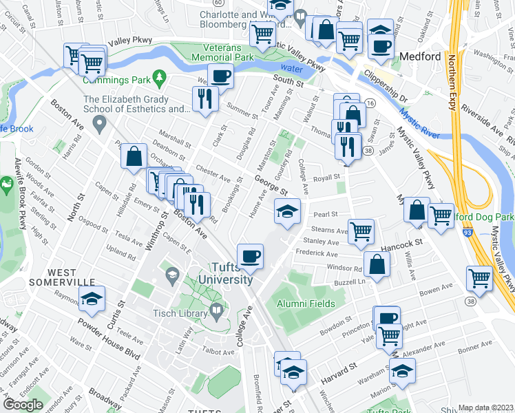 map of restaurants, bars, coffee shops, grocery stores, and more near 42 Hume Avenue in Medford
