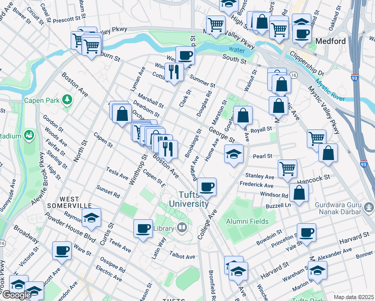 map of restaurants, bars, coffee shops, grocery stores, and more near 61 Burget Avenue in Medford