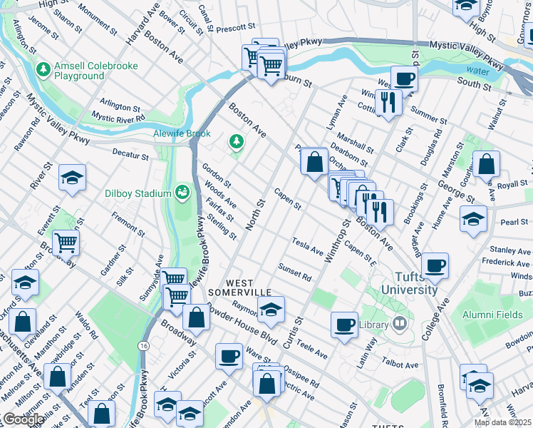 map of restaurants, bars, coffee shops, grocery stores, and more near 67 Quincy Street in Medford