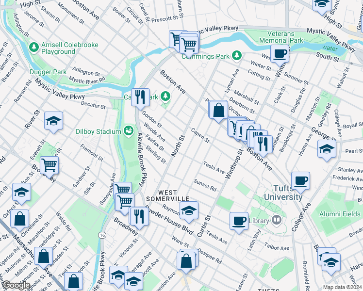map of restaurants, bars, coffee shops, grocery stores, and more near 67 Quincy Street in Medford