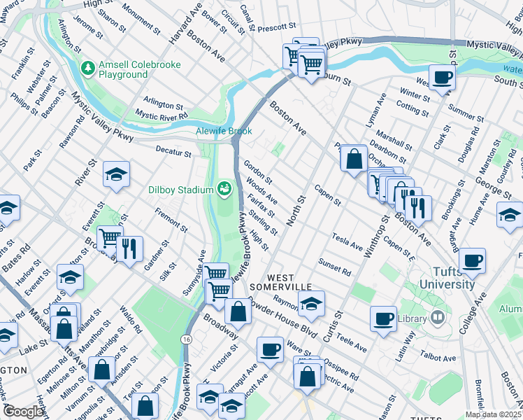map of restaurants, bars, coffee shops, grocery stores, and more near 44 Sterling Street in Somerville