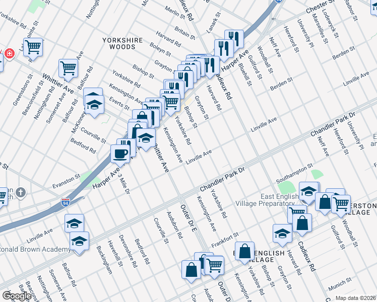 map of restaurants, bars, coffee shops, grocery stores, and more near 5920 Kensington Avenue in Detroit