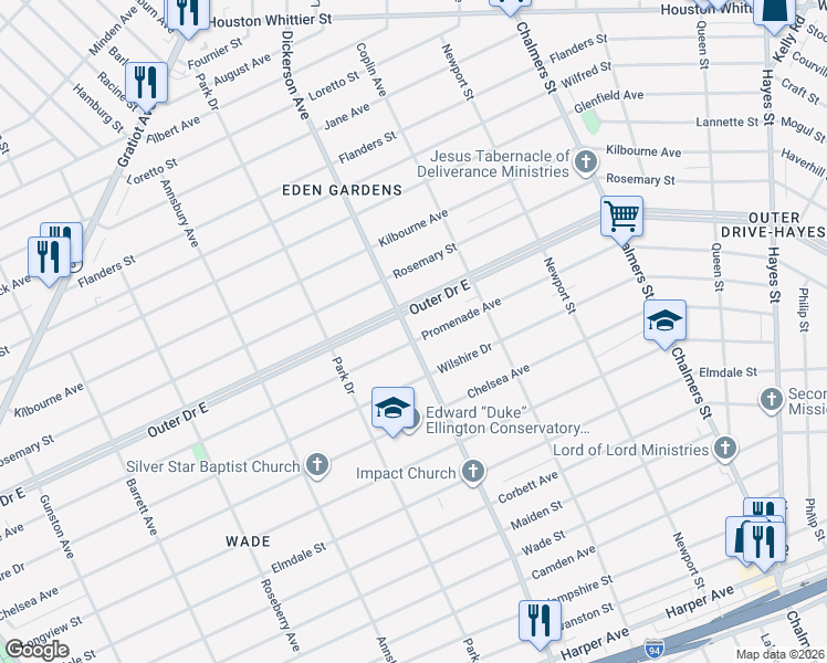 map of restaurants, bars, coffee shops, grocery stores, and more near 13000 Promenade Avenue in Detroit