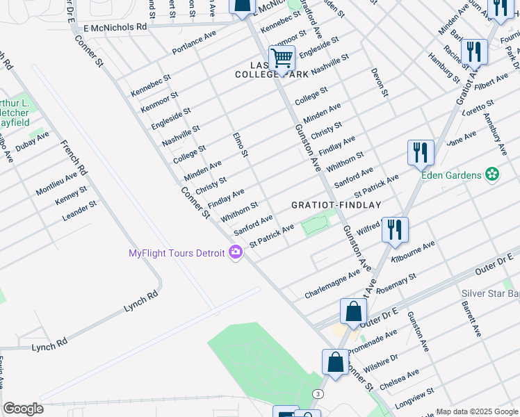 map of restaurants, bars, coffee shops, grocery stores, and more near 11101 Sanford Avenue in Detroit