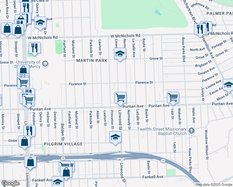 map of restaurants, bars, coffee shops, grocery stores, and more near 16152 Princeton Street in Detroit