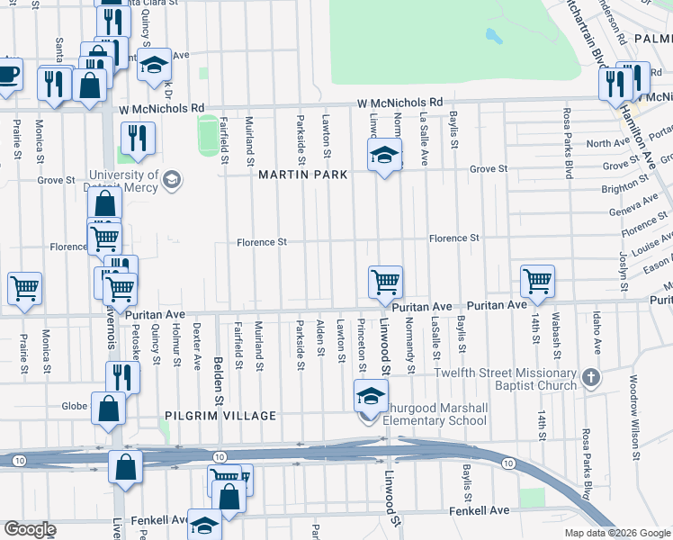 map of restaurants, bars, coffee shops, grocery stores, and more near 16160 Lawton Street in Detroit