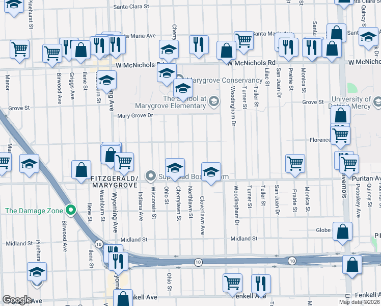 map of restaurants, bars, coffee shops, grocery stores, and more near 16182 Cherrylawn Street in Detroit