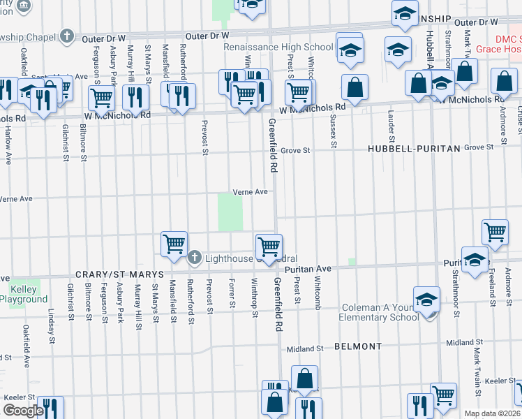 map of restaurants, bars, coffee shops, grocery stores, and more near 16524 Winthrop Street in Detroit