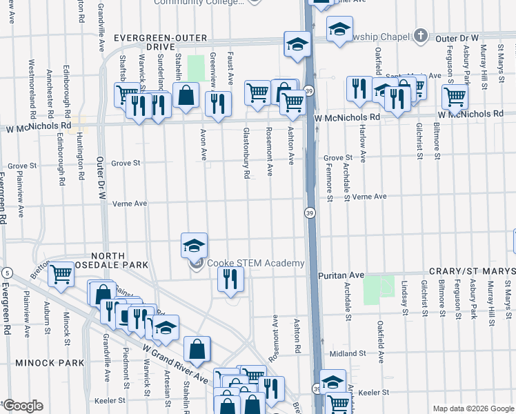 map of restaurants, bars, coffee shops, grocery stores, and more near 16561 Rosemont Avenue in Detroit