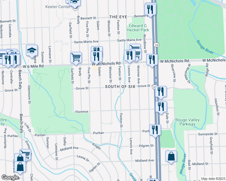 map of restaurants, bars, coffee shops, grocery stores, and more near 16648 Winston Street in Detroit