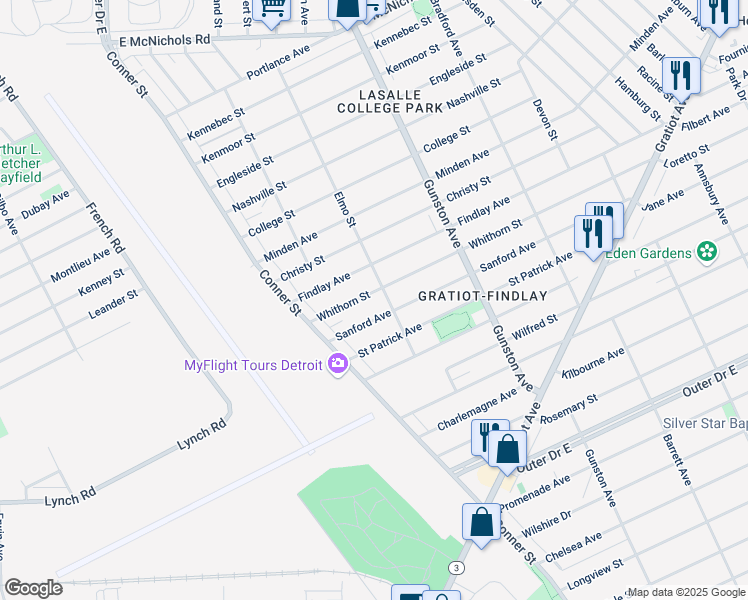 map of restaurants, bars, coffee shops, grocery stores, and more near 11101 Sanford Avenue in Detroit