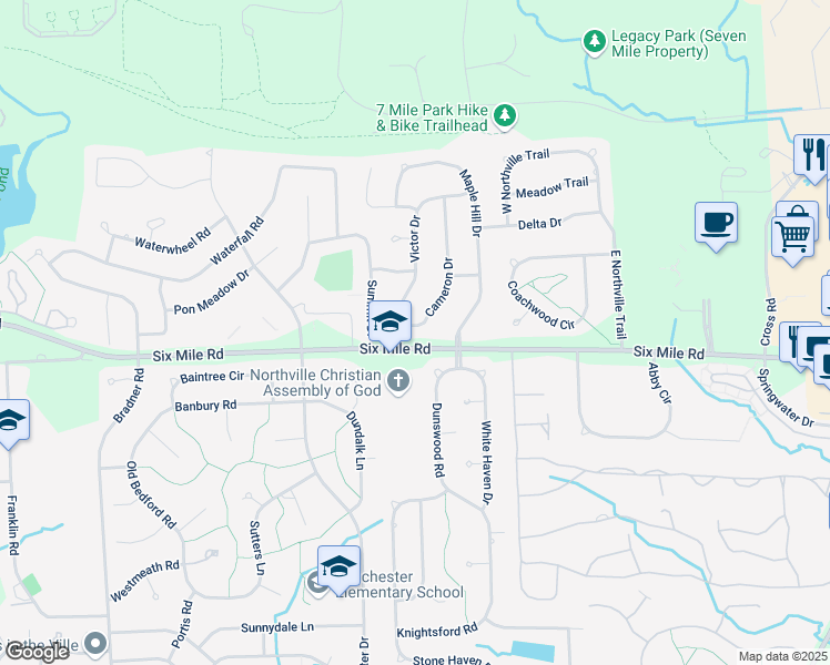 map of restaurants, bars, coffee shops, grocery stores, and more near 17168 Cameron Drive in Northville