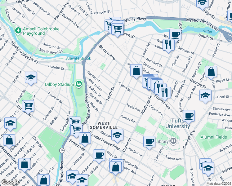 map of restaurants, bars, coffee shops, grocery stores, and more near 67 Quincy Street in Medford