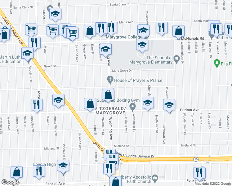 map of restaurants, bars, coffee shops, grocery stores, and more near 16225 Kentucky Street in Detroit