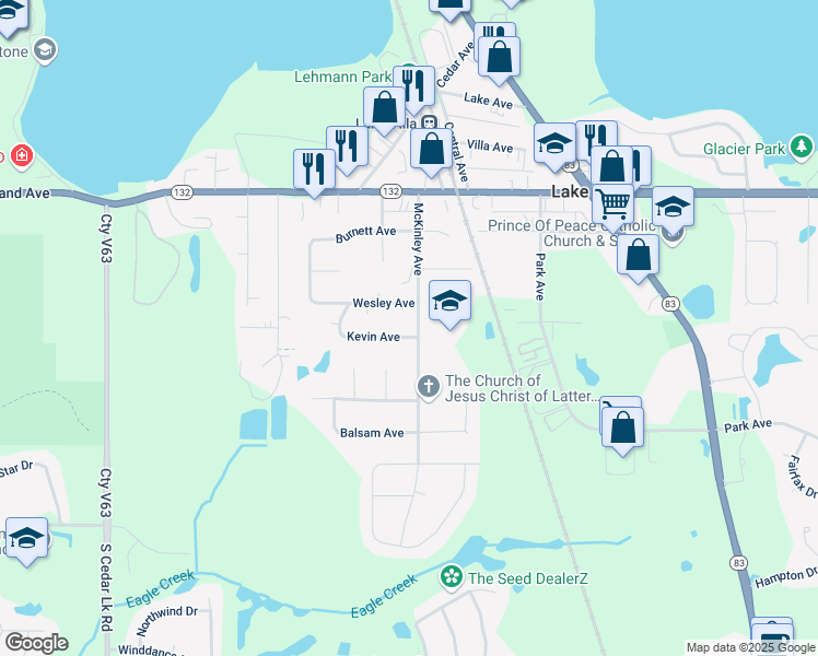 map of restaurants, bars, coffee shops, grocery stores, and more near 144 McKinley Avenue in Lake Villa