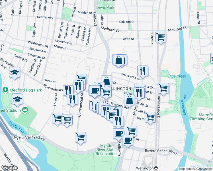 map of restaurants, bars, coffee shops, grocery stores, and more near 835 Fellsway in Medford