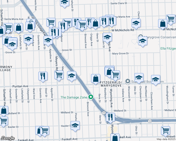 map of restaurants, bars, coffee shops, grocery stores, and more near 16191 Birwood Street in Detroit