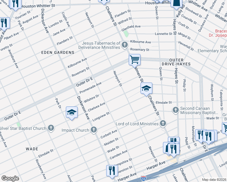 map of restaurants, bars, coffee shops, grocery stores, and more near 13388 Wilshire Drive in Detroit