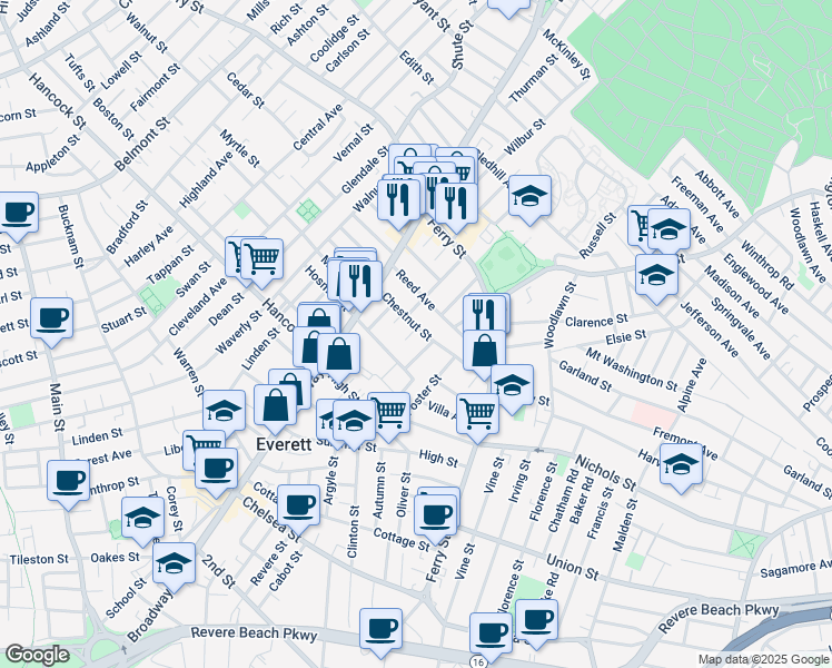 map of restaurants, bars, coffee shops, grocery stores, and more near 50 Lexington Street in Everett