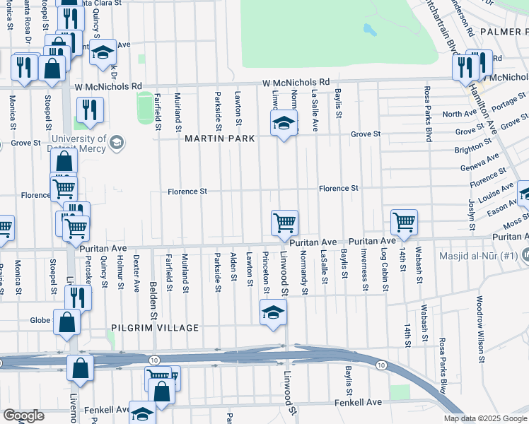 map of restaurants, bars, coffee shops, grocery stores, and more near 16194 Princeton Street in Detroit