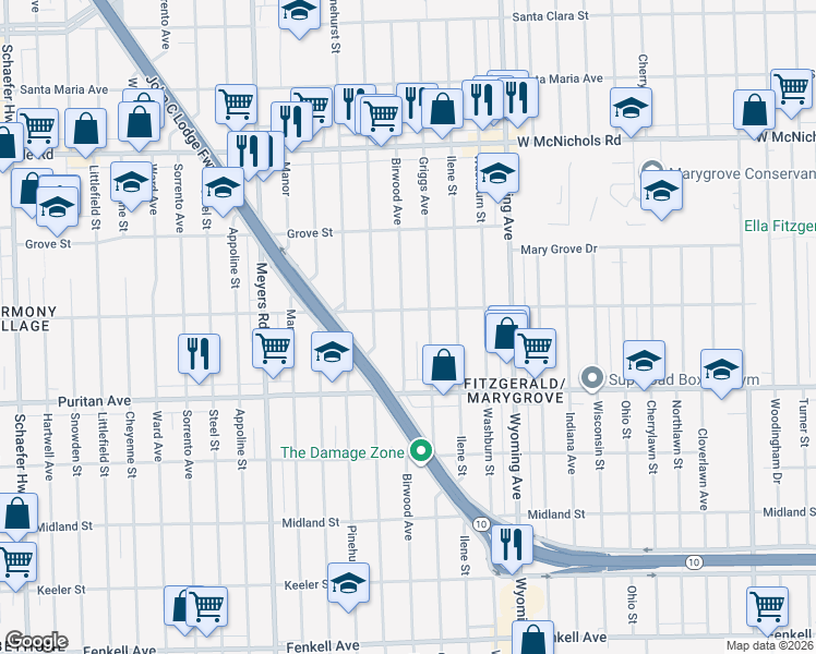 map of restaurants, bars, coffee shops, grocery stores, and more near 16232 Birwood Street in Detroit