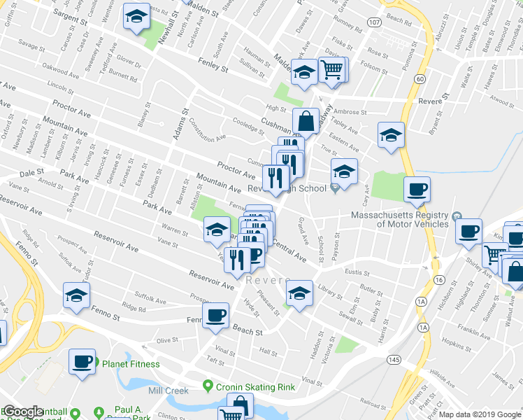 map of restaurants, bars, coffee shops, grocery stores, and more near in Revere