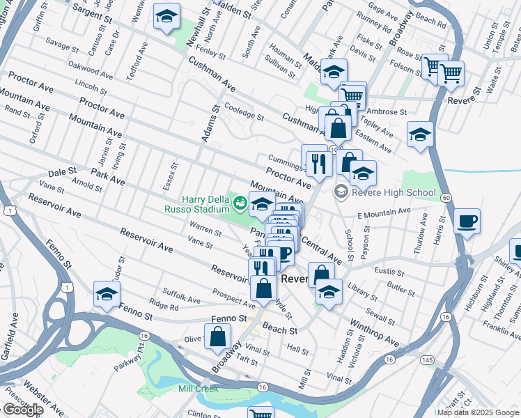 map of restaurants, bars, coffee shops, grocery stores, and more near 51 Park Avenue in Revere