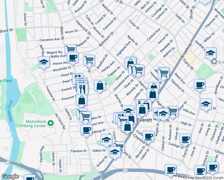 map of restaurants, bars, coffee shops, grocery stores, and more near 56 Warren Street in Everett