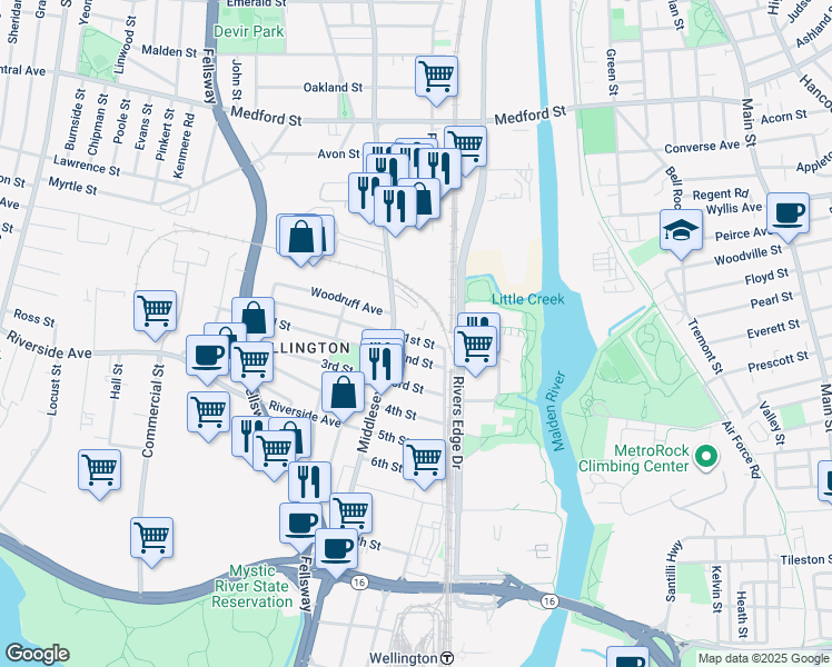 map of restaurants, bars, coffee shops, grocery stores, and more near 35 2nd Street in Medford