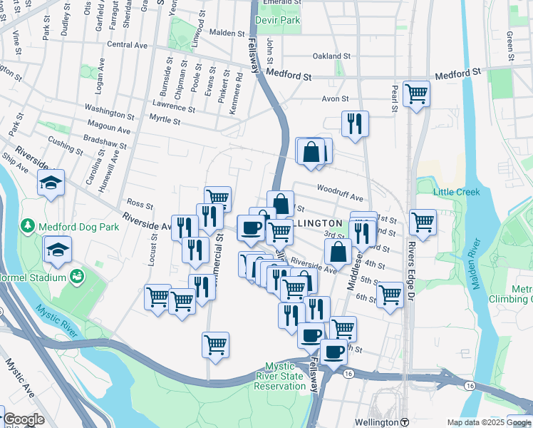 map of restaurants, bars, coffee shops, grocery stores, and more near 818 Fellsway in Medford